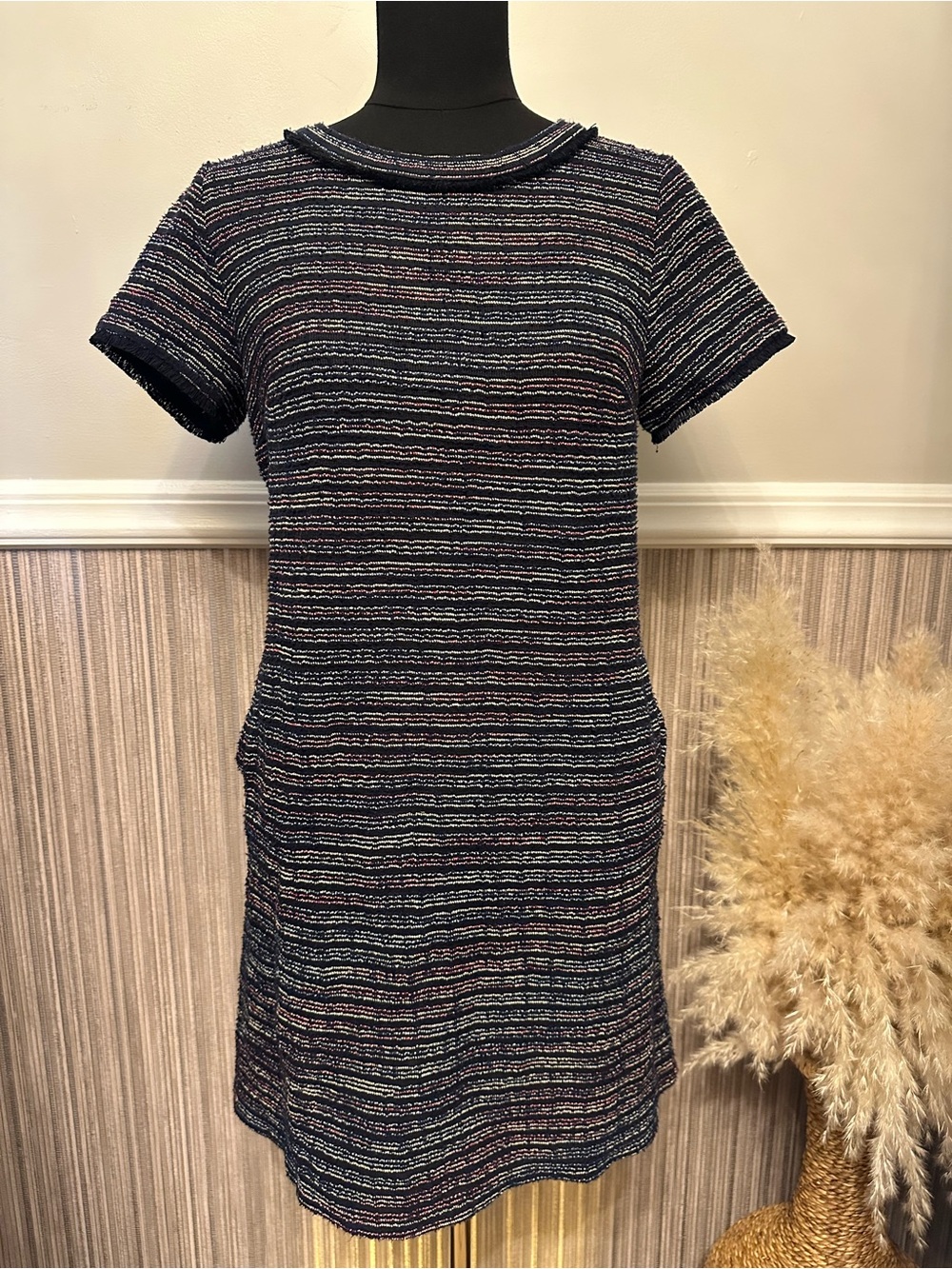 LOFT Navy Multicolor Striped Knit Short-Sleeve Shift Dress
